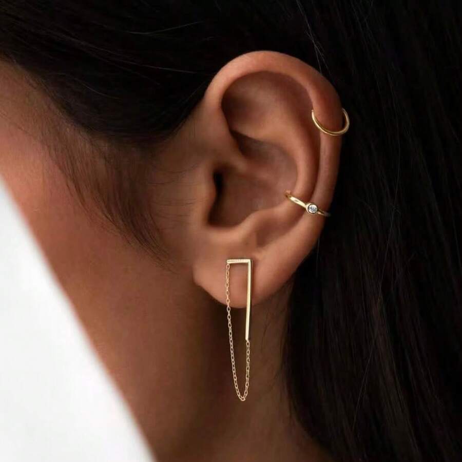 3Pcs Minimalist Geometric Chain Ear Cuff & Huggie Hoop Earring Set, Gold Triangle Chain Wrap Earring With Crystal Tiny Hoops, Dainty No Piercing Women - Multicolor - View 1