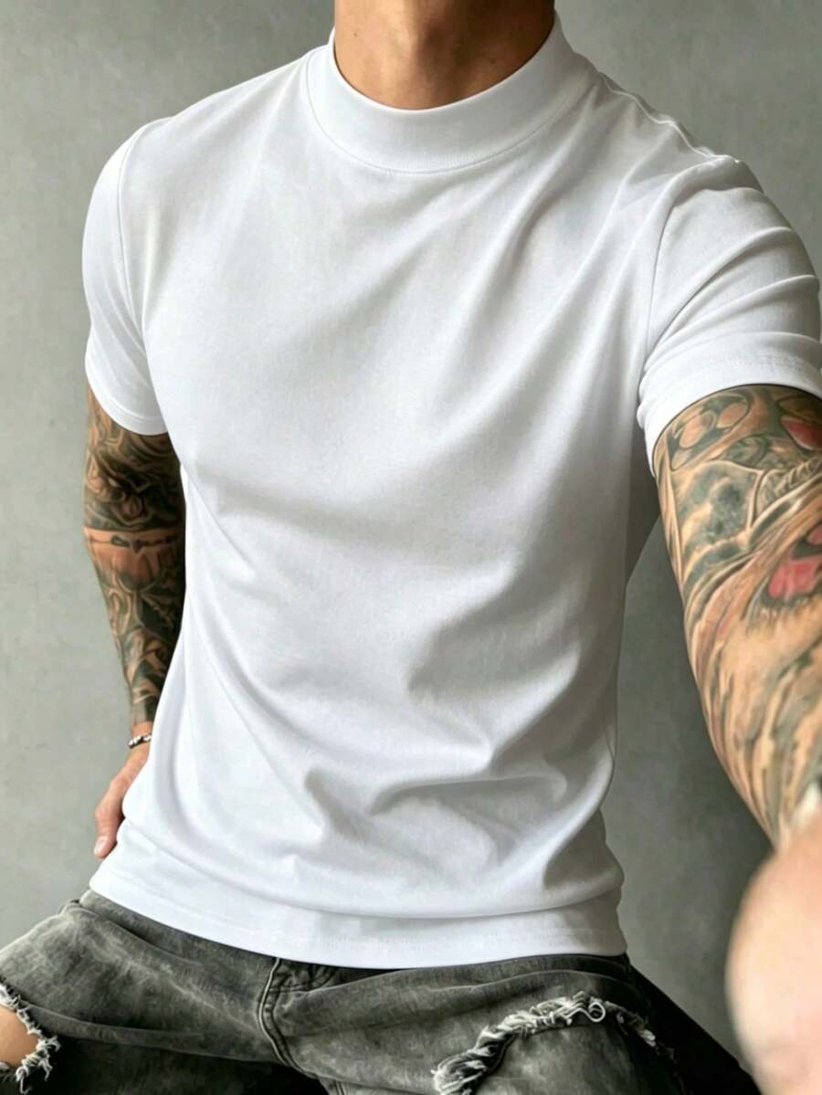 Men's Versatile And Casual Solid Color Short-Sleeved Turtleneck T-Shirt, Spring/Summer 7JII - White - View 1