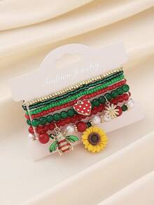 Juego de 7 pulseras elásticas de cuentas con colgantes de margarita, girasol, fresa y abeja, estilo bohemio pastoral de verano, personalizadas, versátiles, de moda, hechas a mano, perfectas como regalo para mujeres, adecuadas para bar, festival de música, fiesta grande, todas las estaciones, casual, ir al trabajo, vacaciones, compras, fotografía y uso diario - Girasol/Fresa - Ver 7