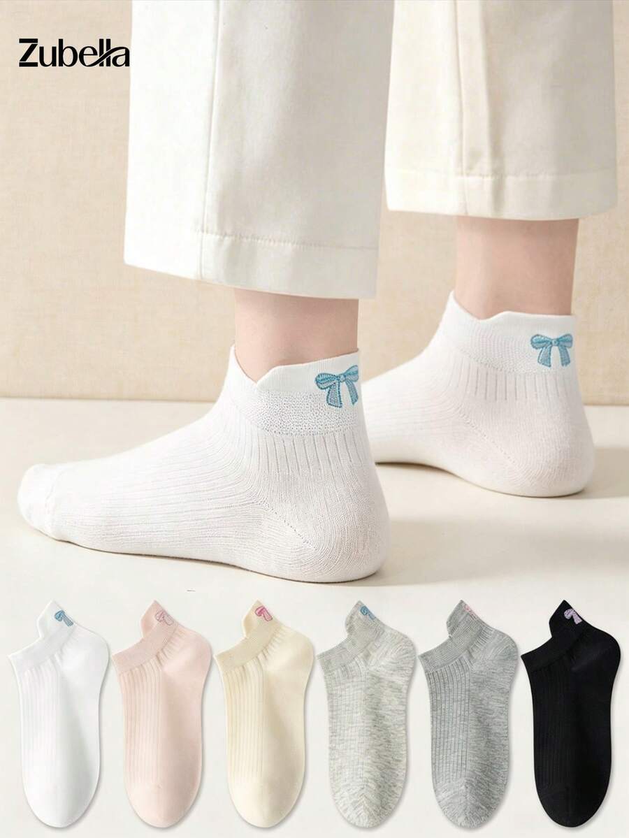 5 Pairs Of Women's Bow Pattern Short Socks Ankle Socks, Cute Boat Socks For Outdoor Sports, Fashionable Socks, Suitable For All Seasons, Random Colors - Multicolor - View 1