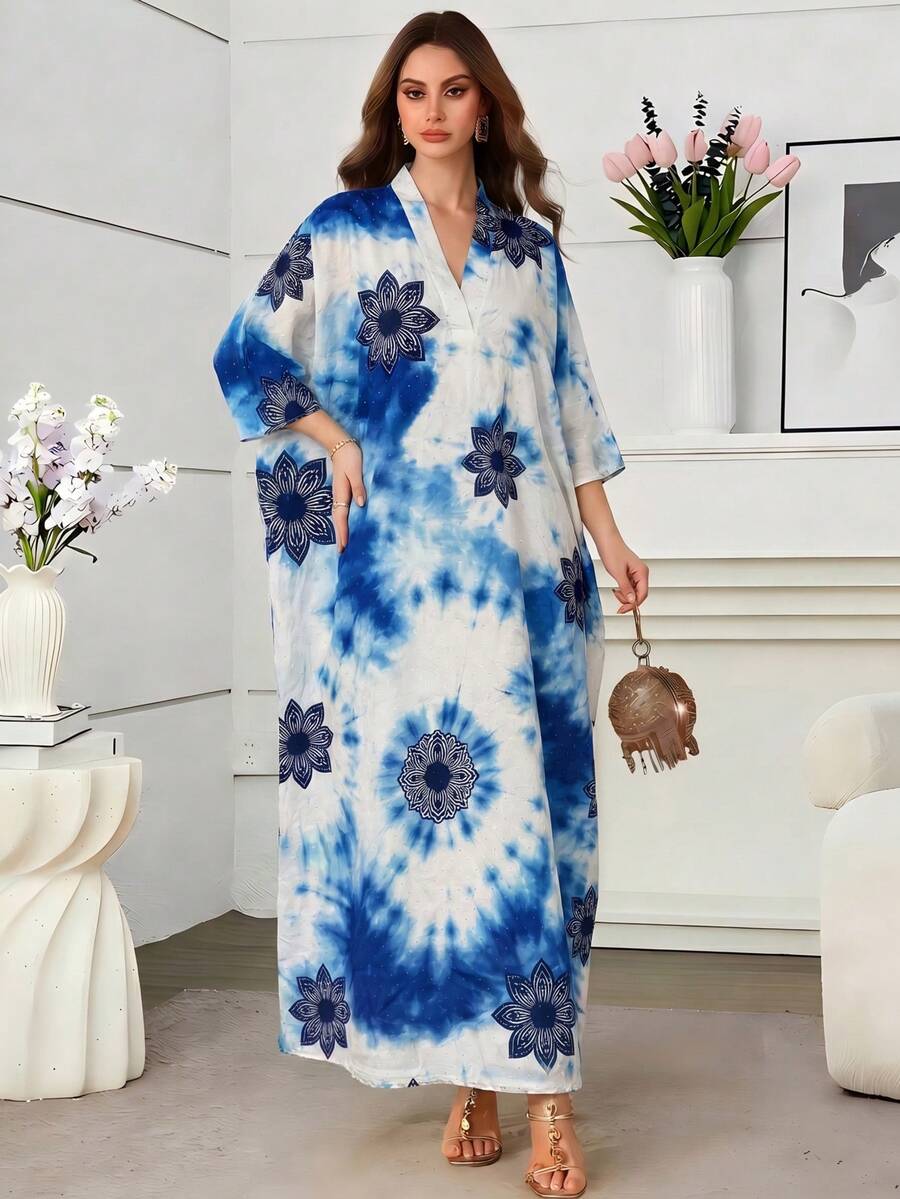Middle Eastern Muslim Elegant Batik Notched Neck Abaya Dress For Women - Blue - View 1