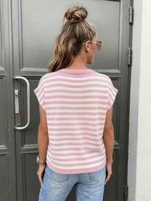 Áo khoác cardigan len dệt kim cổ V phong cách Pháp Ins họa tiết kẻ sọc, thiết kế nút đính đá, phù hợp đi làm, mặc thường ngày, đi chơi ngày lễ - Hồng - Xem 5