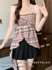 Áo hai dây cổ điển họa tiết kẻ caro vạt bất đối xứng - Hồng - Xem 3