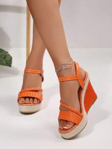 Women's Linen Wedge Platform Sandals, Summer Braided Strap With Stone Texture, Orange Buckle Strap Slide Sandals, Beach Vacation Style High Heels - Orange - View 4