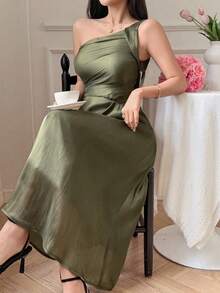 Vestido de verano de longitud media con cuello asimétrico, fruncido y sin mangas, de unicolor y elegante para mujer - Morado - Ver 2