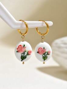 1 Pair Minimalist Gentle Style Oval Hand-Painted Floral Earrings For Women, Vacation, Casual, Travel Wear - Multicolor - View 13