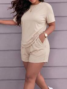 2pcs Women Casual Round Neck Short Sleeve T-Shirt And Shorts Set, Medium Stretch Fabric Summer - Apricot - View 2