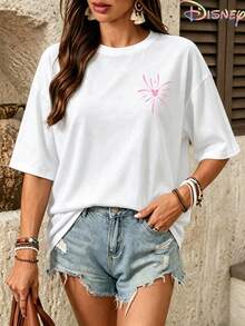 Women's Oversized White T-Shirt, Disney Minnie Mouse Graffiti Star Balloon Double-Sided Graphic Print, Crew Neck Short Sleeve Casual Tee - White - View 3