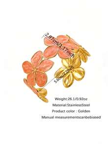 VceTd 2PCS/1PC Vintage Gentle Style Stainless Steel Women's Bracelet Set With Plumeria And Shell Shaped Enamel Craft Open Design, Suitable For Daily Layering Or Single Wear Or Vacation Wear Or Holiday Gift For Friends - Yellow Gold - View 13