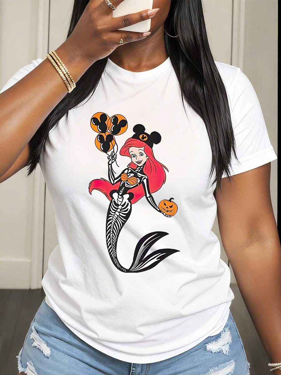 Disney Ariel Mermaid Skeleton Halloween Print T-Shirt Women Casual Autumn Festival Fashion Top - White - View 1