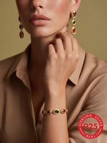 925 Silver Vacation-Style Fashion Colorful Gemstone Bracelet And Earring Set, Suitable For Daily Wear, Vacations, Parties, Anniversaries, And Gifting - Bracelet + Earrings - View 1