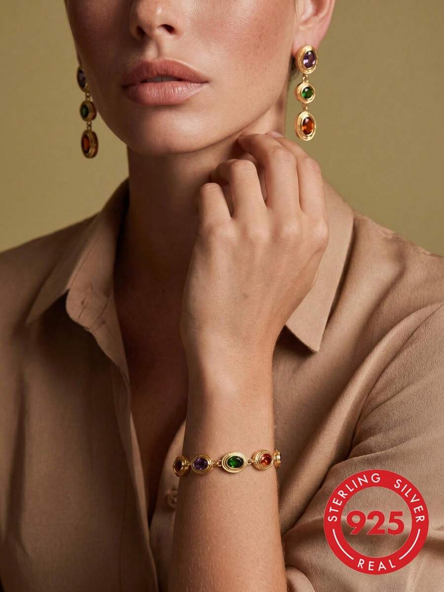 925 Silver Vacation-Style Fashion Colorful Gemstone Bracelet And Earring Set, Suitable For Daily Wear, Vacations, Parties, Anniversaries, And Gifting - Bracelet + Earrings - View 1