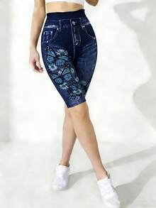 1件裝 春夏歐美風女款休閒緊身內搭褲，藍色牛仔效果面料搭配蝴蝶圖案，舒適居家穿著，適合購物與散步的底層打底褲，破舊印花，假口袋，百慕達短褲 - 彩色 - 查看 39