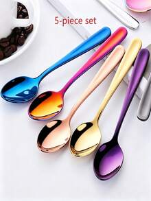 5pcs Colorful Stainless Steel Coffee Spoons, 14cm/5.51in, Colorful Small Tea Spoons, Ice Cream Spoons, Stirring Spoons, Rice Spoons, Dessert Spoons, Party Gathering Spoons, Tableware Set, Creative Gift, Dishwasher - Multicolor - View 2