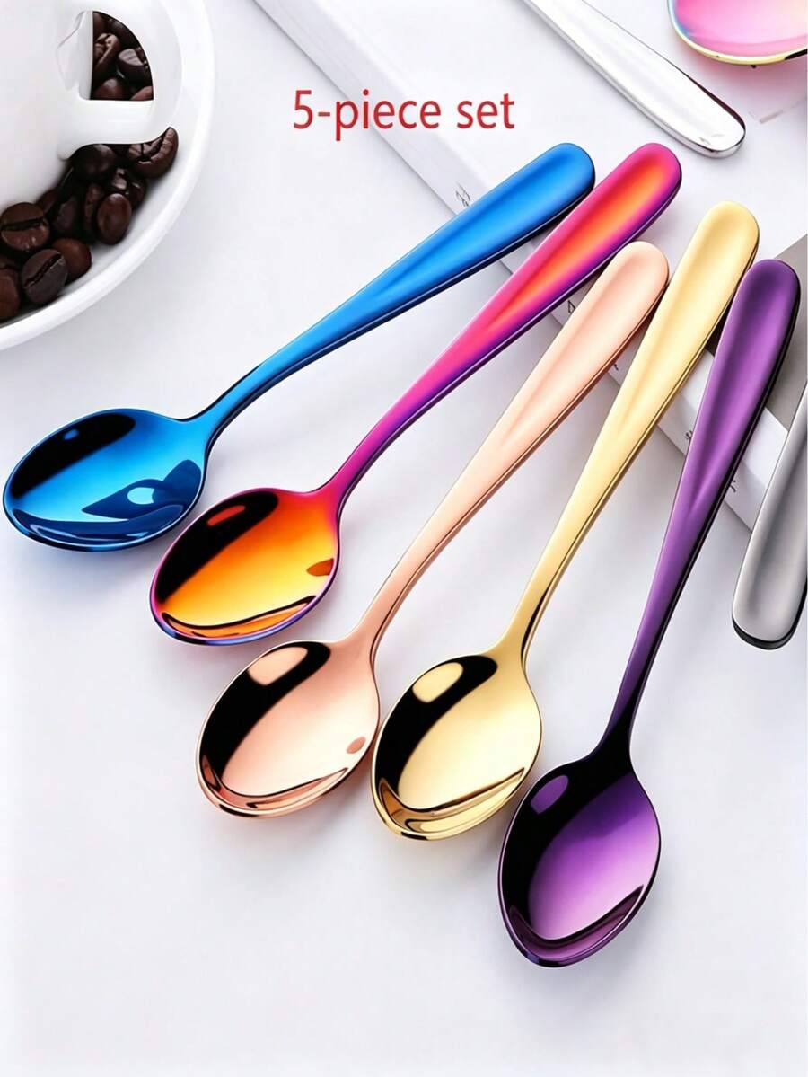 5pcs Colorful Stainless Steel Coffee Spoons, 14cm/5.51in, Colorful Small Tea Spoons, Ice Cream Spoons, Stirring Spoons, Rice Spoons, Dessert Spoons, Party Gathering Spoons, Tableware Set, Creative Gift, Dishwasher