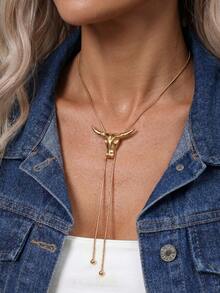 1 pieza Collar bolo vintage de estilo occidental con cráneo de toro de cuernos largos, cadena de serpiente ajustable en forma de Y, lazo bohemio, joyería de vaquera para mujer para festivales - Dorado - Ver 2
