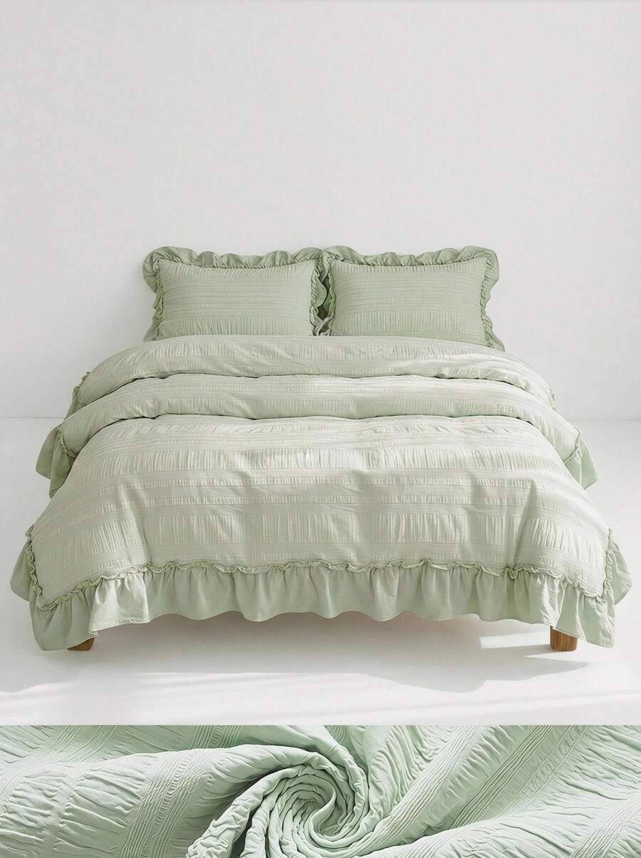 Veyra Day 2/3 Pcs Princess Style Bedding Set 100% Polyester 3D Cut Flower Ruffle Duvet Cover No Insert All Season Modern Ruffled Duvet Cover With 1/2 Pillowcases - Green - View 1