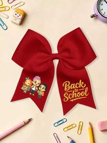 1pc Back To School Cartoon Pencil Print Large Bow Hair Clip, Preppy Ribbon Hairpin, Sweet Student Hair Accessory For Young Girls - Three Girls - View 14