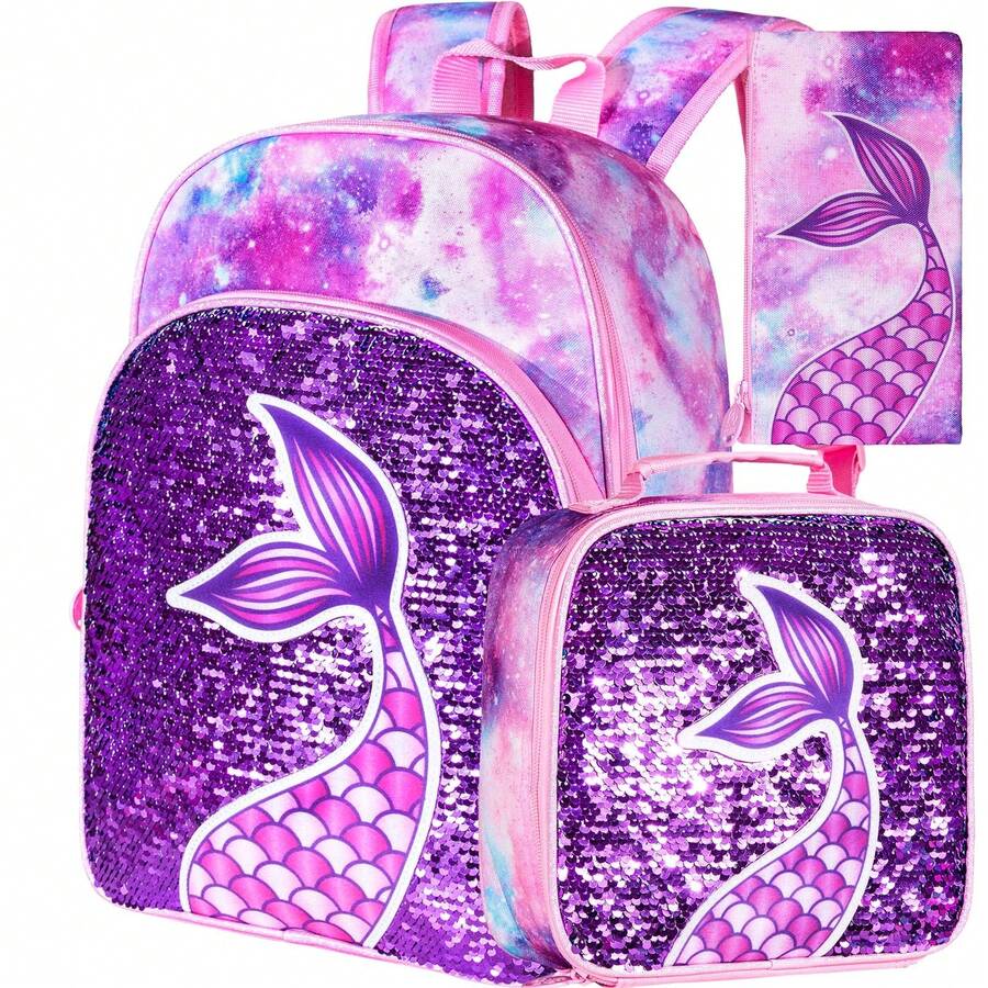 3 Pieces Girls Purple Mermaid Tail Scale Print Reversible Sequin Material Adjustable Straps Cute Style Backpack Set For Back-To-School & Daily Travel - Fish Tail - View 1