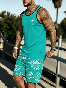 Men's Summer Beach Vacation Tropical Coconut Tree Print Contrast Trim Sleeveless Tank Top And Drawstring Waist Shorts Set - Mint Green - View 4
