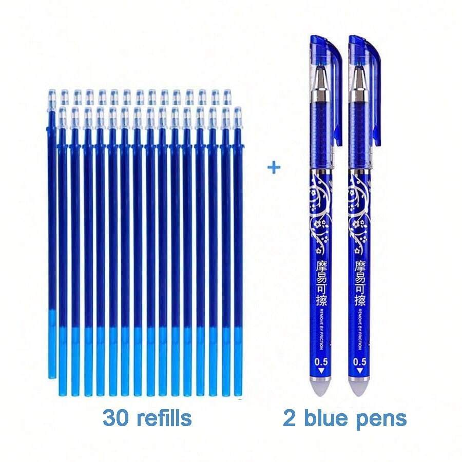 32pcs (2 Pens + 30 Refills) Erasable Neutral Pens 0.5mm Blue With Replaceable Refills Magic Erasable Neutral Pens With Full Needle Tip, Thermal Erasable Office Student Stationery, Back To School Essential - Sets - View 1