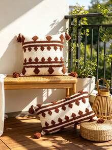 1pc/2pcs,Bohemian Tufted Geometric Throw Pillow Cover, White With Brown Diamond Pattern, Tassel Detail, Decorative Cushion Case For Sofa Couch Bed Living Room, Farmhouse Boho Home Decor,18x18in/12x20in, - Multicolor - View 9