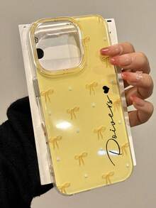 個性化客製姓名字母可愛極簡粉色波點蝴蝶結手機殼，適用於 iPhone 17 Pro Max 17 Pro 17 16 15 14 13 Pro Max，後蓋保護，送給女孩的禮物 - 黃色 - 查看 3