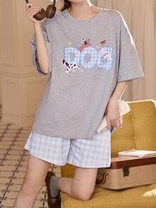 Gongdie 2 peças/Conjunto Pijama Feminino, Roupa de Descanso de Algodão Macio de Verão com Estampa de Cachorro & Xadrez - Cinza Claro - Visão 8