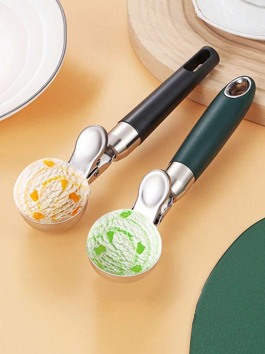 1pc Stainless Steel Ice Cream Scoop, Home Use Press-Type Ball Scooper - Multicolor - View 1