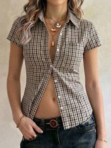 ENGU CO. Chemise à carreaux à manches courtes style Y2K décontractée rétro douce & cool pour femmes, nouvelle collection d'été - Multicolore - Voir 6