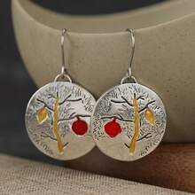 DIYCCPC Anting Kait Bulat Motif Pohon Apel Vintage untuk Wanita, Pola Pohon Timbul dengan Glasir Warna-warni dan Aksen Tetesan Minyak, Cocok untuk Dipakai Saat Bepergian Sehari-hari - MultiWarna - View 9