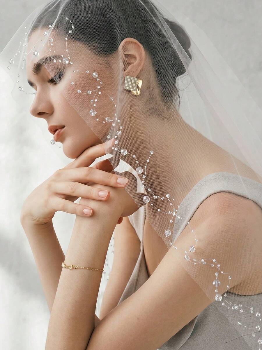 Double Layer Faux Crystal Bead Chain Design Bridal Veil, Can Cover Face, Wedding Dress Accessory, Comes With Hair Comb