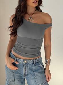 Solid Color Blouse With An Oblique Shoulder And Short Sleeves, Casual Style For Summer - Dark Gold - 查看 1