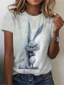 Fun Design With Cartoon Rabbit Print, Casual And Elegant Style, Fashionable Women's Top, Comfortable Round Neck T-Shirt For Women, A Great Gift Choice. - 軍綠色 - 查看 1