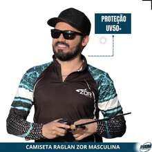 Camiseta Raglan Zor Masculina Manga Longa Preto Black Waves com Proteção UV50+ para Pesca e Esportes - Preto - Visão 7