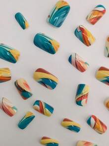 24pcs Medium Long Square Press-On Nails, Colorful Line And Color Block Pattern Fake Nails, With Jelly Glue And Nail File, Suitable For Women's Daily, Party, Holiday Use - Multicolor - View 3