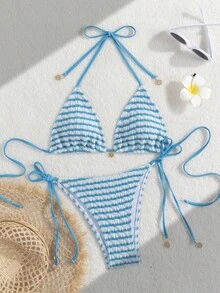 Premium European Halter Bikini With Striped Wavy Split Design, Stylish Color-Block Swimwear Summer - Sky Blue - View 1