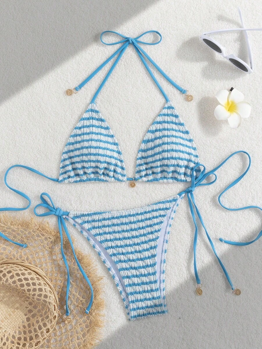 Premium European Halter Bikini With Striped Wavy Split Design, Stylish Color-Block Swimwear Summer - Sky Blue - View 1