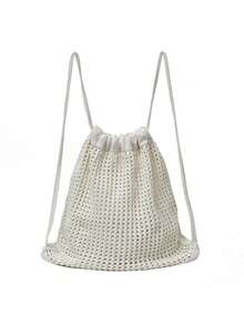 Fashionable Bohemian Crochet Backpack, Women's Woven Beach Tote Bag, Large Capacity Drawstring Bucket Bag, Foldable Women's Backpack - Multicolor - View 7