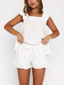Women Summer Pajama Set Solid Flying Sleeve Tank Tops And Ruffle Shorts 2 Piece Casual Lounge Outfit - White - View 1