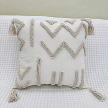 1pc Geometric Striped Embroidered Pillow Case, Minimalist Ins Style Polyester Chenille Fabric Loop Yarn Embroidered Pillow Case For Living Room Bedroom Sofa Car Pillow Replacement Cover Home Decor - Beige Waves - View 7