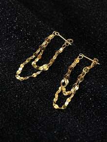 1 Pair Exquisite Elegant Lip-Shaped Chain Layered Earrings For Women, Sparkling Gold Tassel Ear Drops, Geometric Pendant Ear Jewelry Suitable For Ladies Evening Parties And Daily Wear - Multicolor - View 5