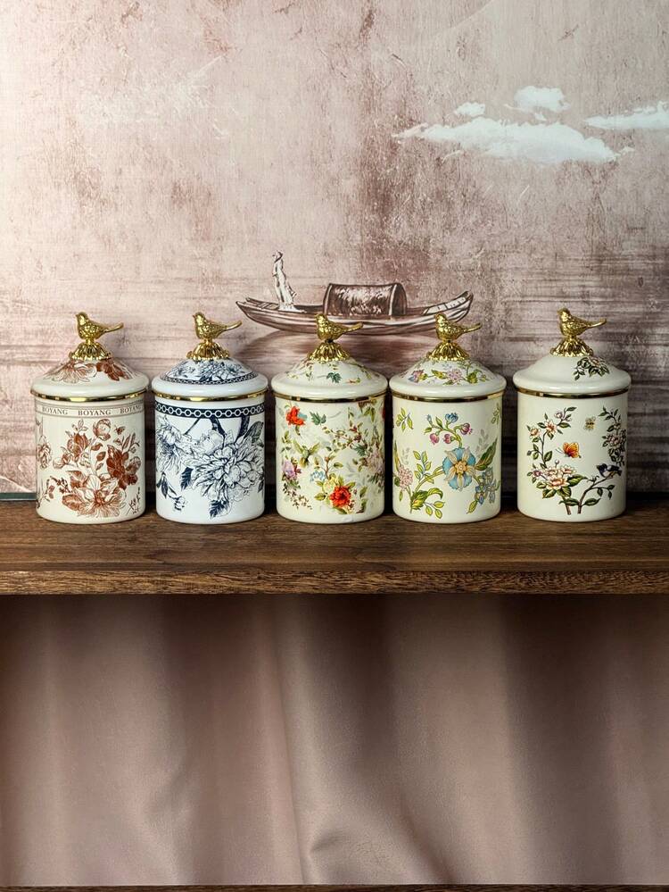 SummitPulse 1 Set, Luxury Bird Decor Enamel Ceramic Canister With Lid, Home/Office Tea/Coffee/Spice Storage Jar, Holiday/Birthday Gift For Elders And Relatives - View 1