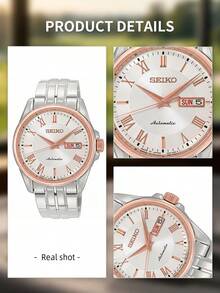 Seiko Men's Dress Watch Automatic Mechanical White Wave Guilloche Dial Rose Tone Bezel Roman Numerals Steel Bracelet Day Date Display Elegant Gift for Golf - 白色 - 查看 6