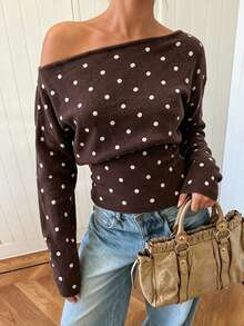 Women's Knitted Off-Shoulder Polka Dot Long Sleeve Pullover Sweater, Suitable For Autumn Wear - Brown - View 3
