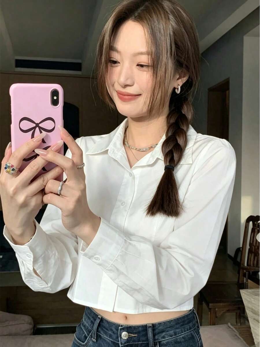 韓系街頭風女款學院風修身顯瘦短腰長袖襯衫上衣 夏季 - 白色 - 查看 1