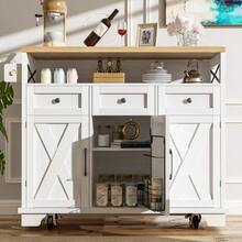 Modern Kitchen Island (118 * 43 * 98 Cm) With Dining Unit And Wood-Effect Serving Cart On Casters, Offering Multifunctional Storage Space, Removable Dividers And A Towel Rack, White. - White - View 4