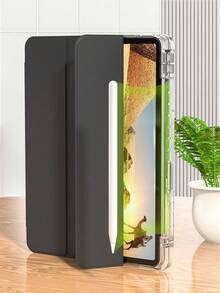 黑色透明壓克力保護殼，適用 iPad A16 11代/10代、Air 11/13 M2/M3、Pro 11/13/12.9、Mini 6/7、7代/8代/9代，三折立式支架保護套，附筆筒，自動休眠/喚醒 - 黑色 - 查看 6