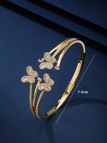 1pc Copper Butterfly Cluster Full Rhinestone Dazzling White Gold/18K Gold/Tri-Color Open Bangle Bracelet, Suitable As Gift, Luxury Evening Wear For Women - Yellow Gold - View 3