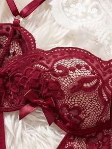 1pc Women's Sexy Open Crotch Lace Jumpsuit, Backless Sheer Bow Teddy, No-Removal Lingerie For Home Or Private Party - Burgundy - View 9